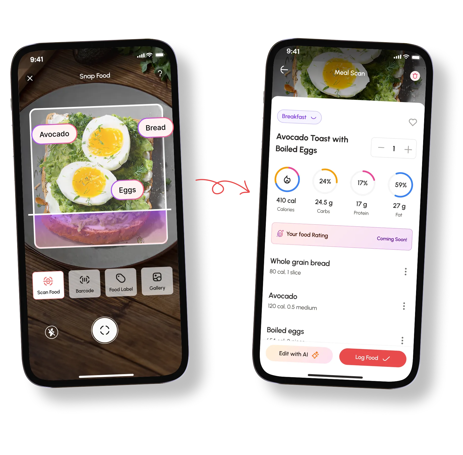 Yogwe AI meal scanner showing food tracking, calories, macros, and nutritional breakdown