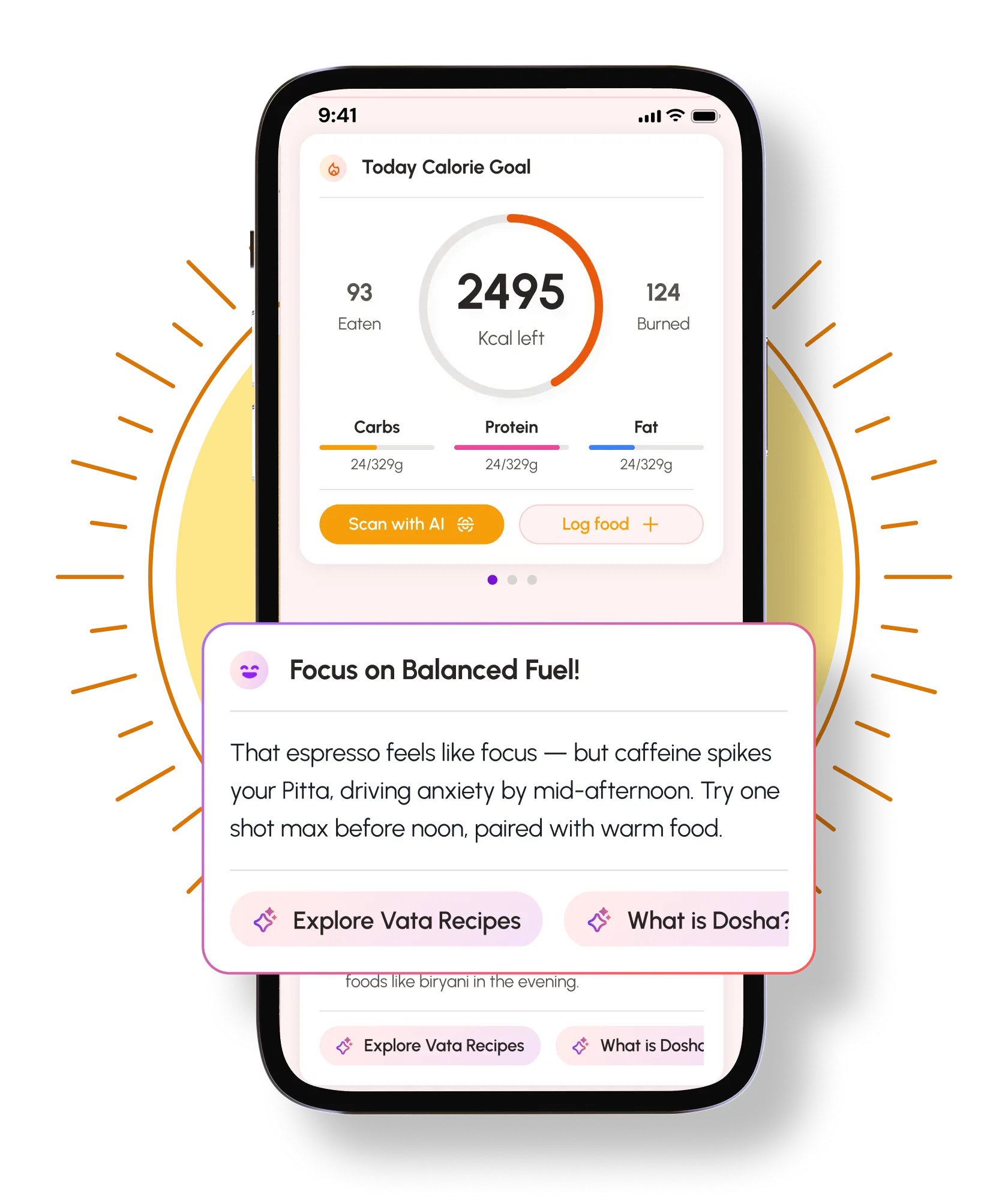 Yogwe app showing personalised food score and Ayurvedic body insights on a smartphone