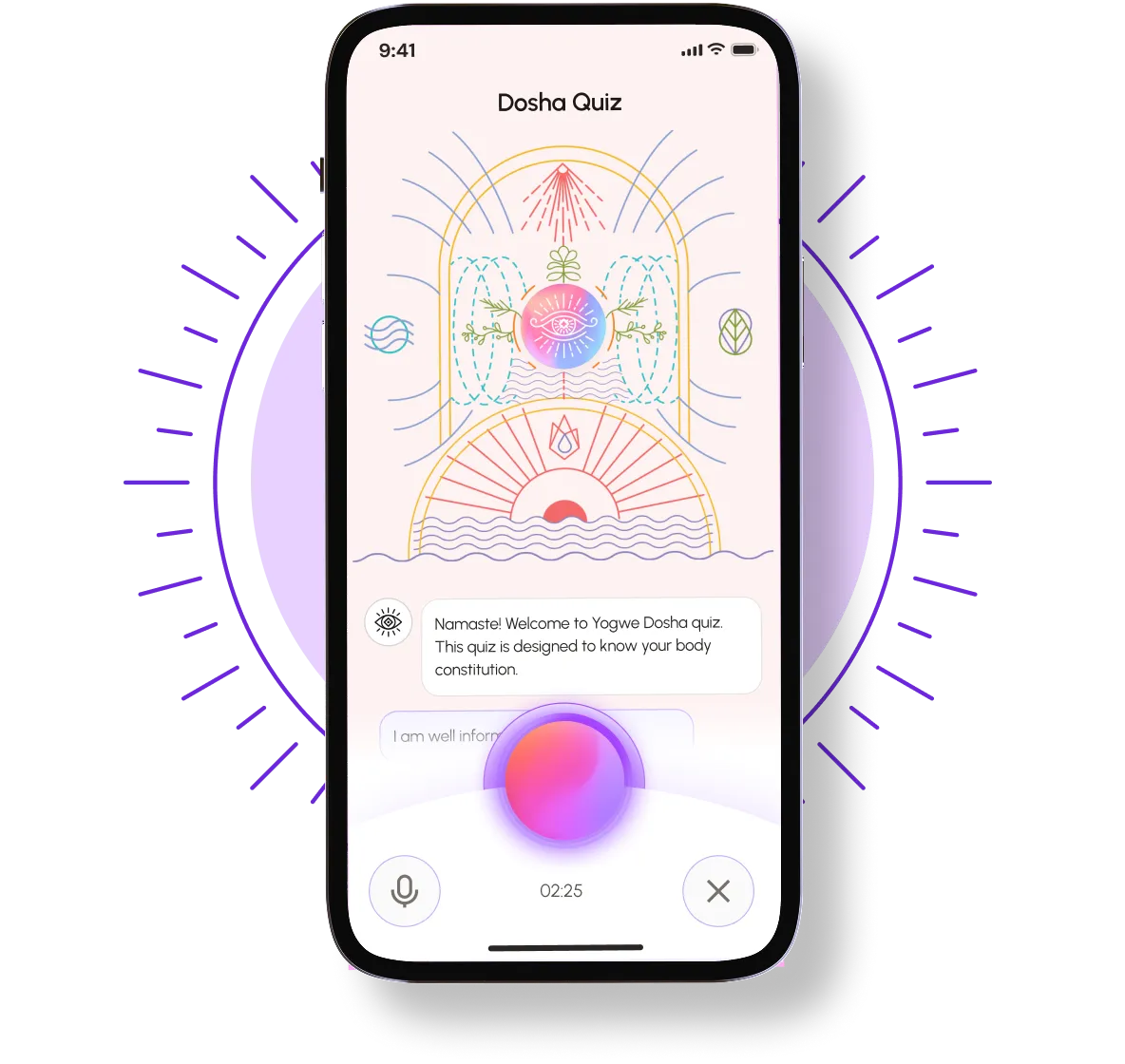 Yogwe Dosha quiz interface showing personalised Ayurvedic mind-body archetype assessment